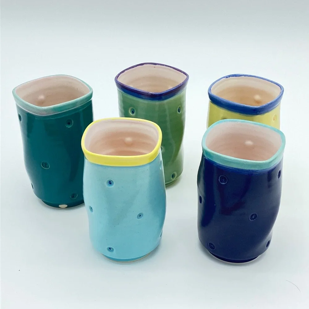 Studio Pottery Dimple Tumblers Set of 5 Handcrafted Colorful Ceramic Cups BM